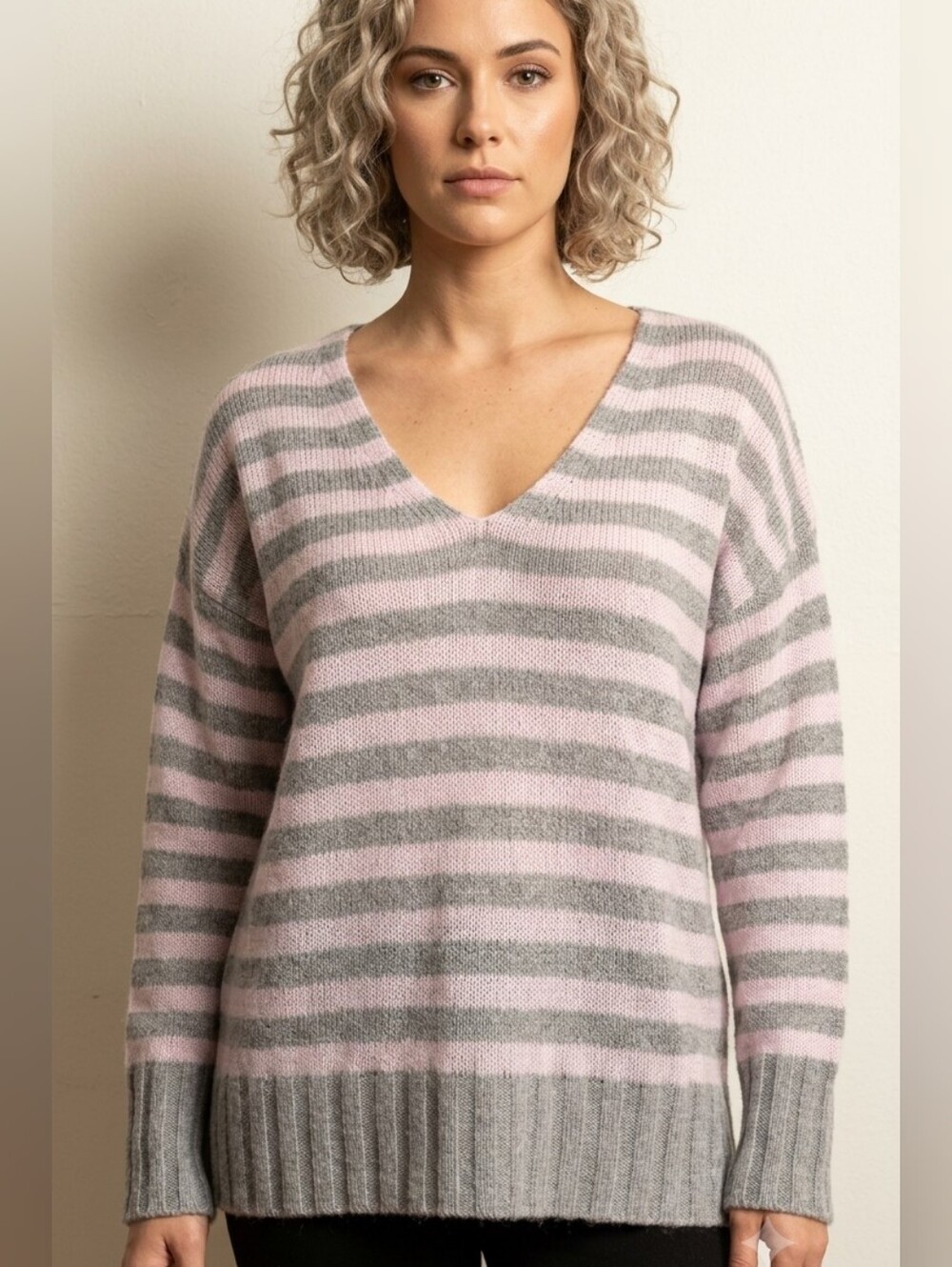 Haute Hippie Pink & Grey Striped Silk Blend V-Neck Knit Junior Sweater.